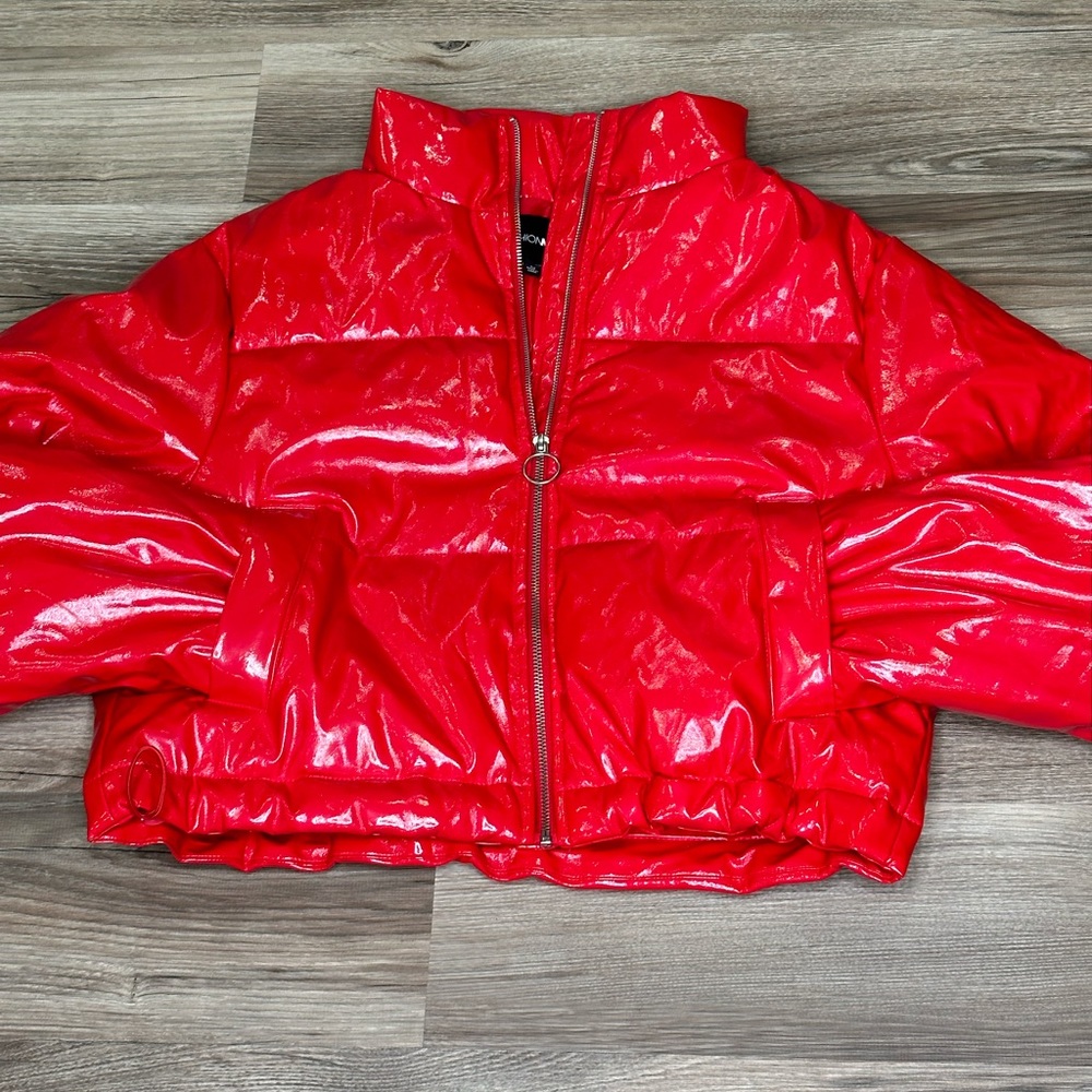 Fashion Nova Red Leather Puffer Coat